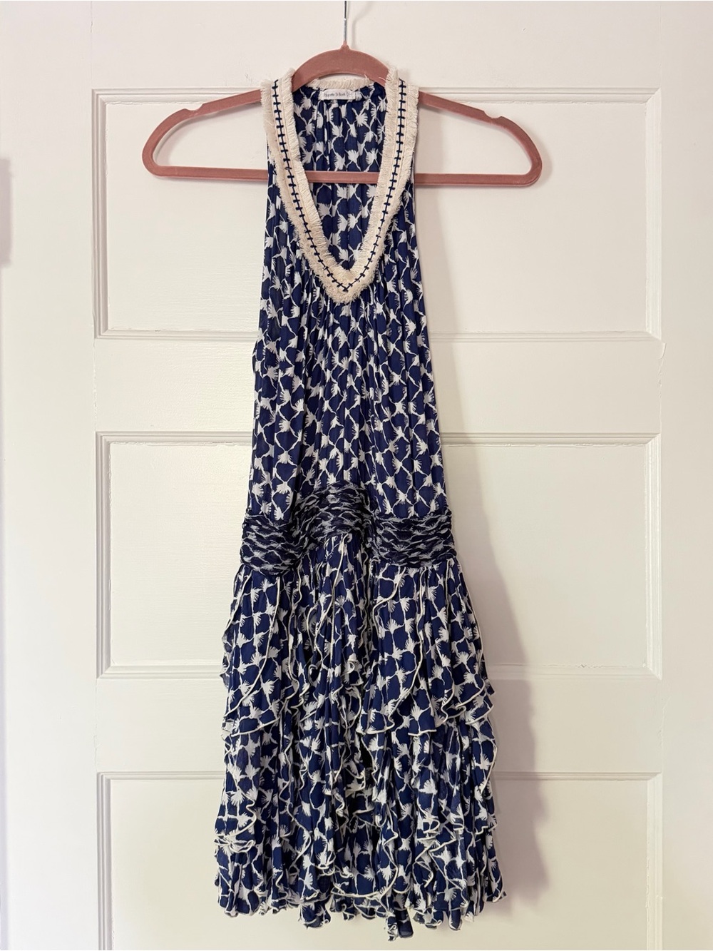 Poupette St Barth Blue White Printed Tiered Ruffle Mini Dress Size Small